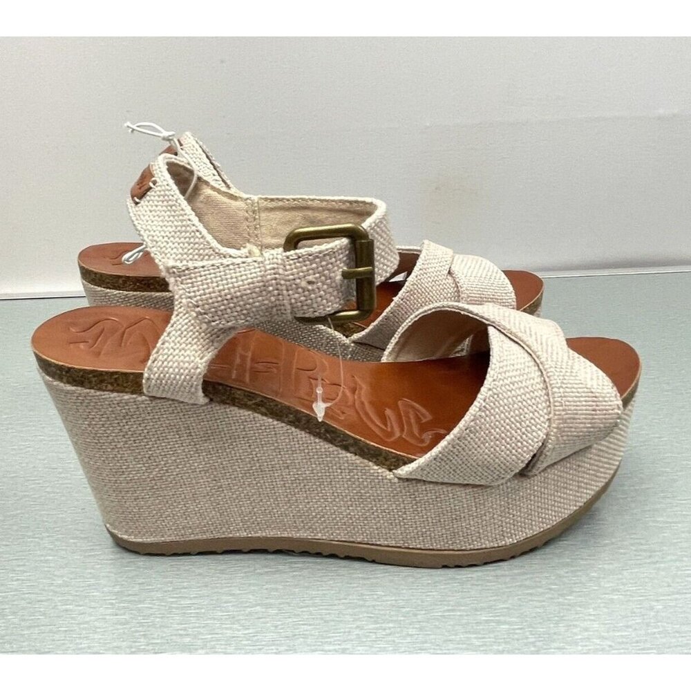 Mad Love Women's Beige Wedge Heel Platform Ankle Strap Sandal Shoe Size 6.5